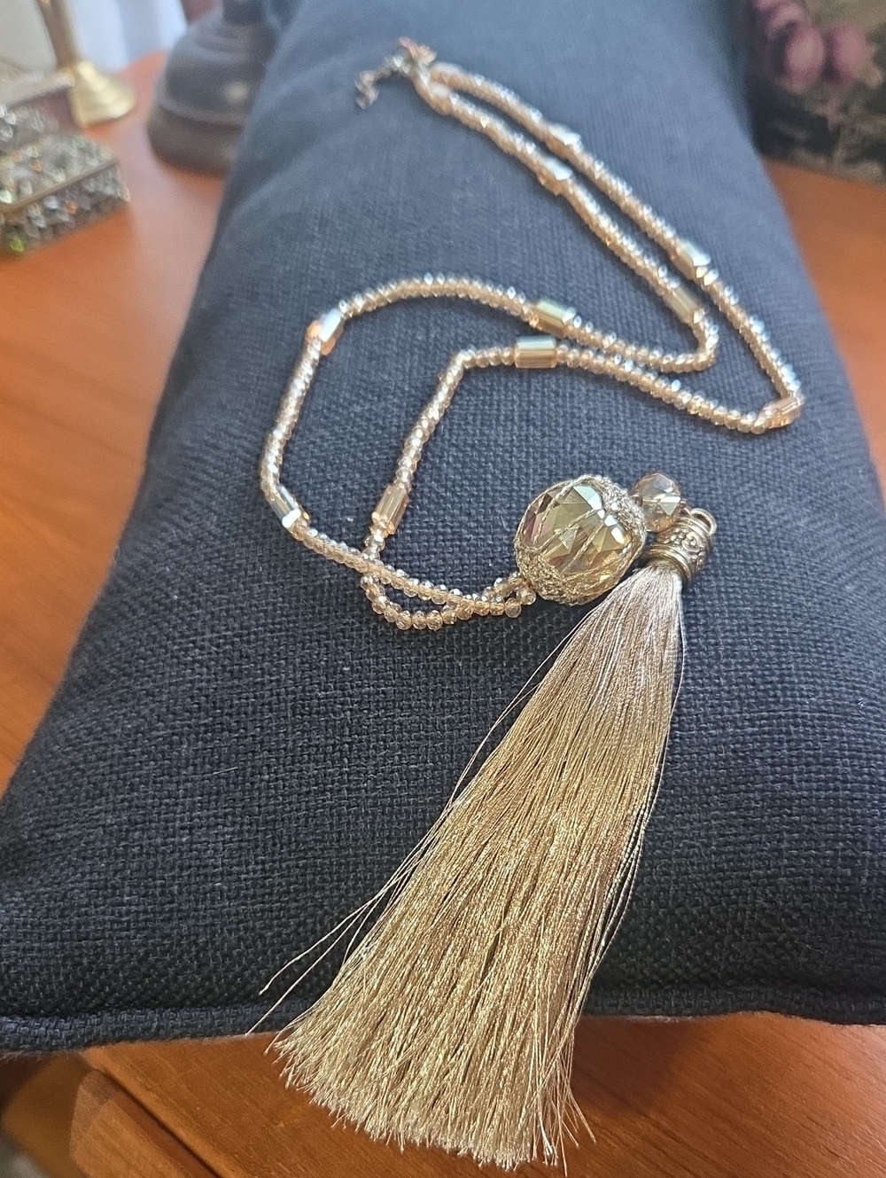 Champagne long crystal necklace with tassel